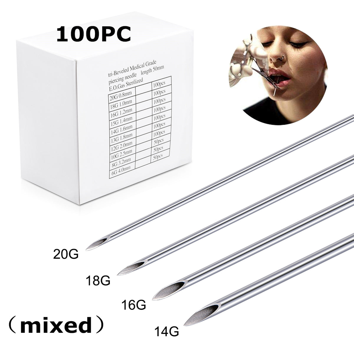 CINRA Ear Nose Piercing Needles, 100Pcs Piercing Needles Mix Sizes 12G 14G  16G 18G 20G Stainless Steel Hollow Piercing Needles for Ear Nose Navel