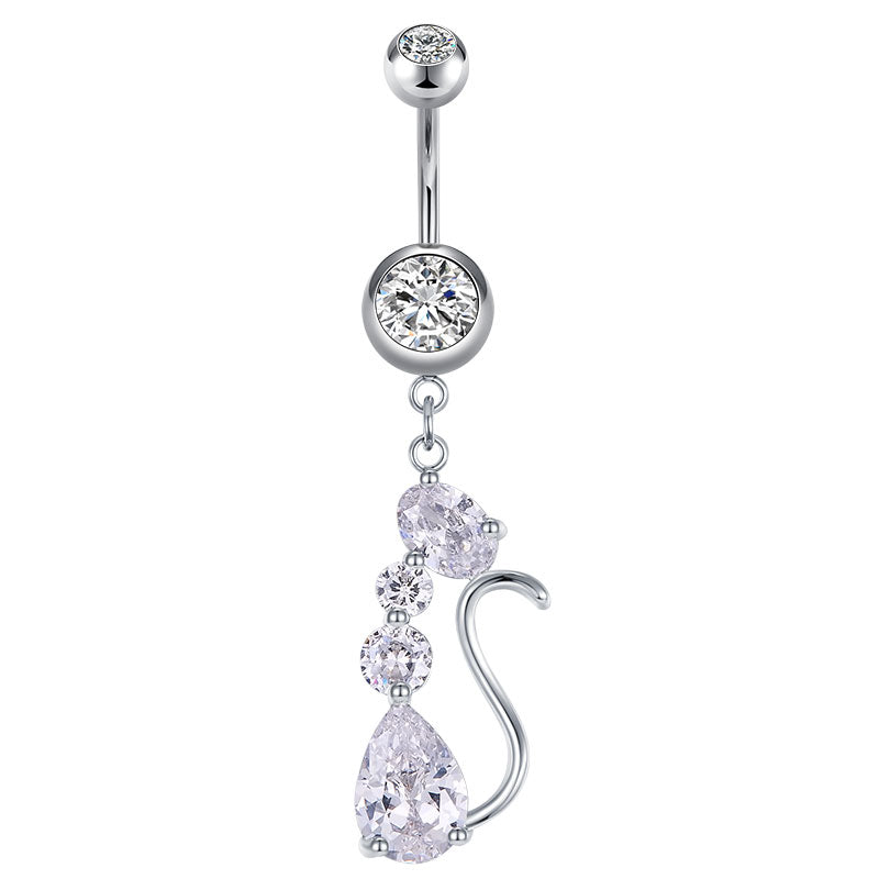 Cz Cat Kitte Pendant Belly Button Ring 14g Surgical Steel Dangle Navel 