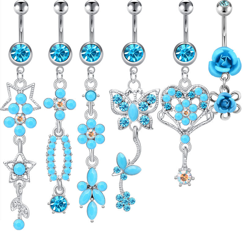 Blue Butterfly Flower Dangel Belly Button Ring 14G Surgical Steel Navel Ring Piercing Jewelry