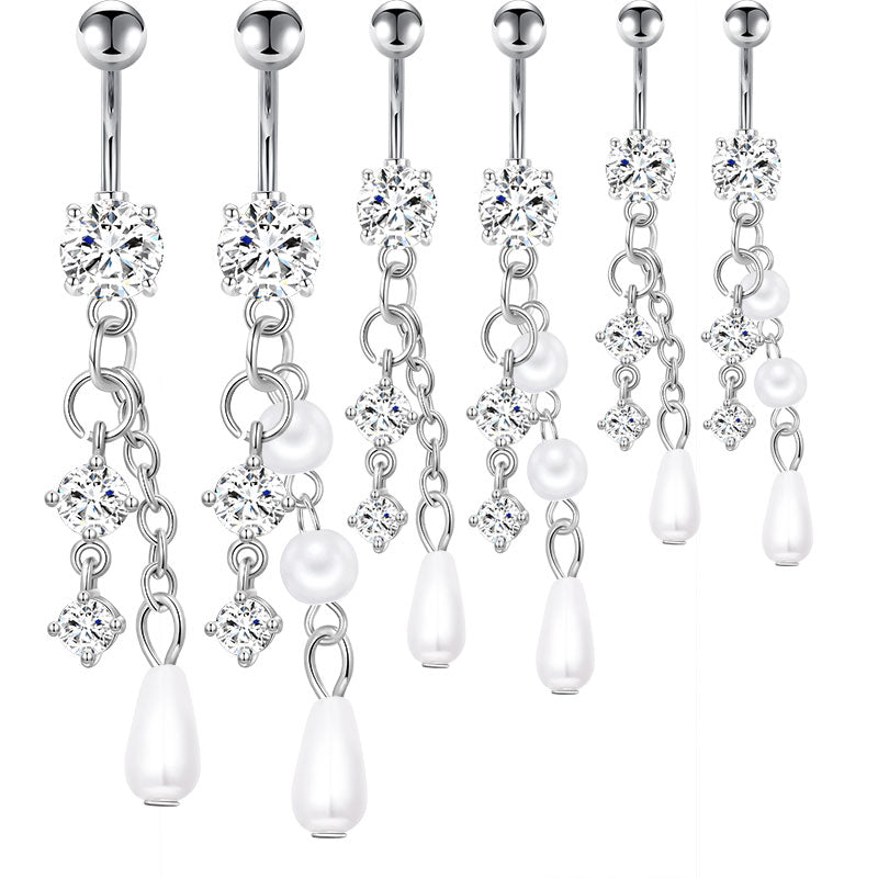 Pearl And CZ Pandent Belly Button Ring 14G Surgical Steel Belly Navel Ring Piercing